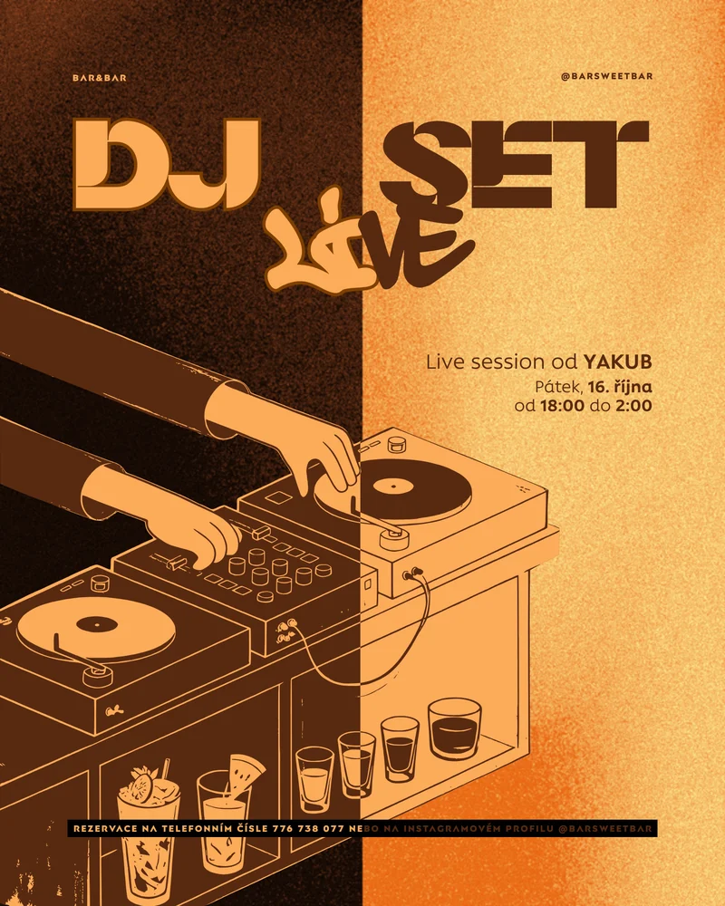 Plakát DJ set live s liniovou kresbou DJ pultu
