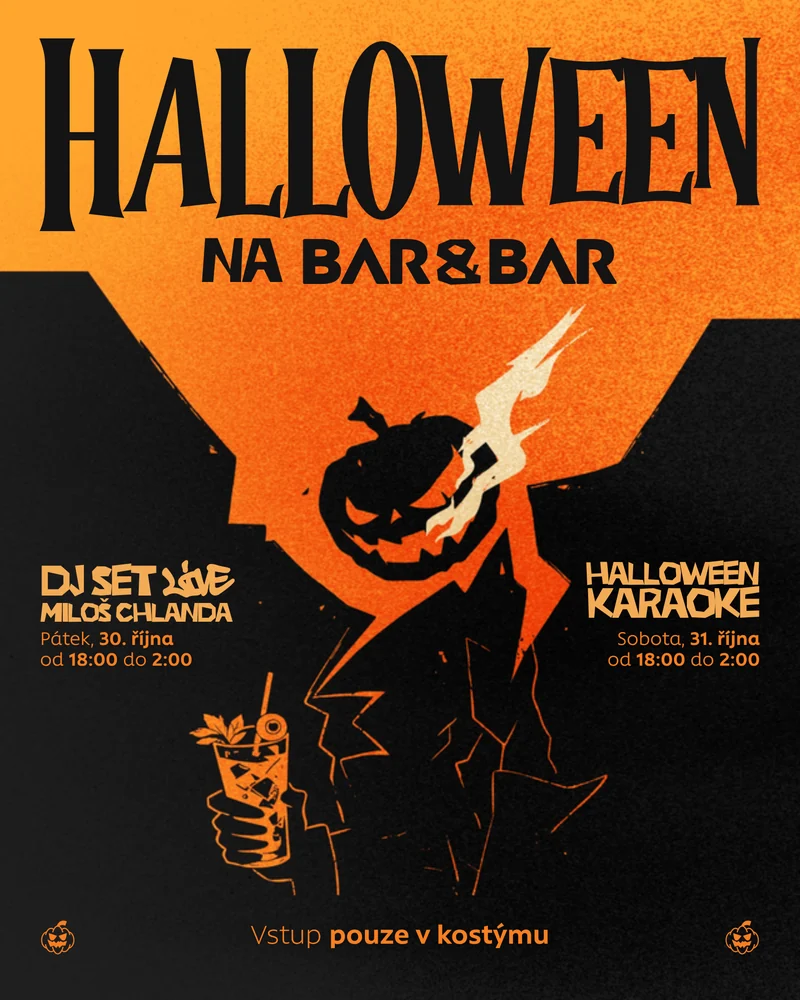 Plakát Halloween na BAR&BAR 2026 s dýňovou postavou