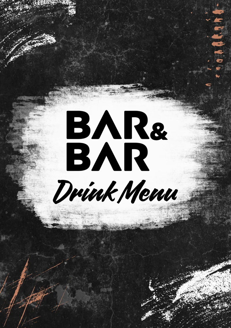 Titulní strana černobílého nápojového menu BAR&BAR