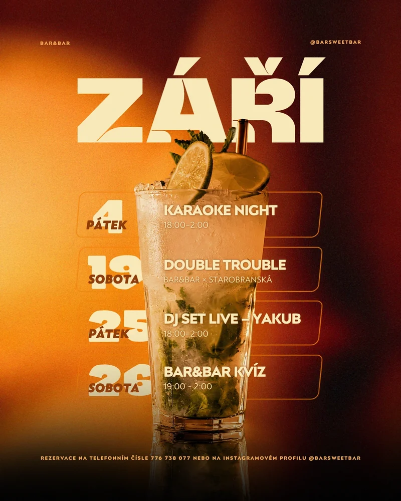 Měsíční program BAR&BAR na září s fotkou mojita