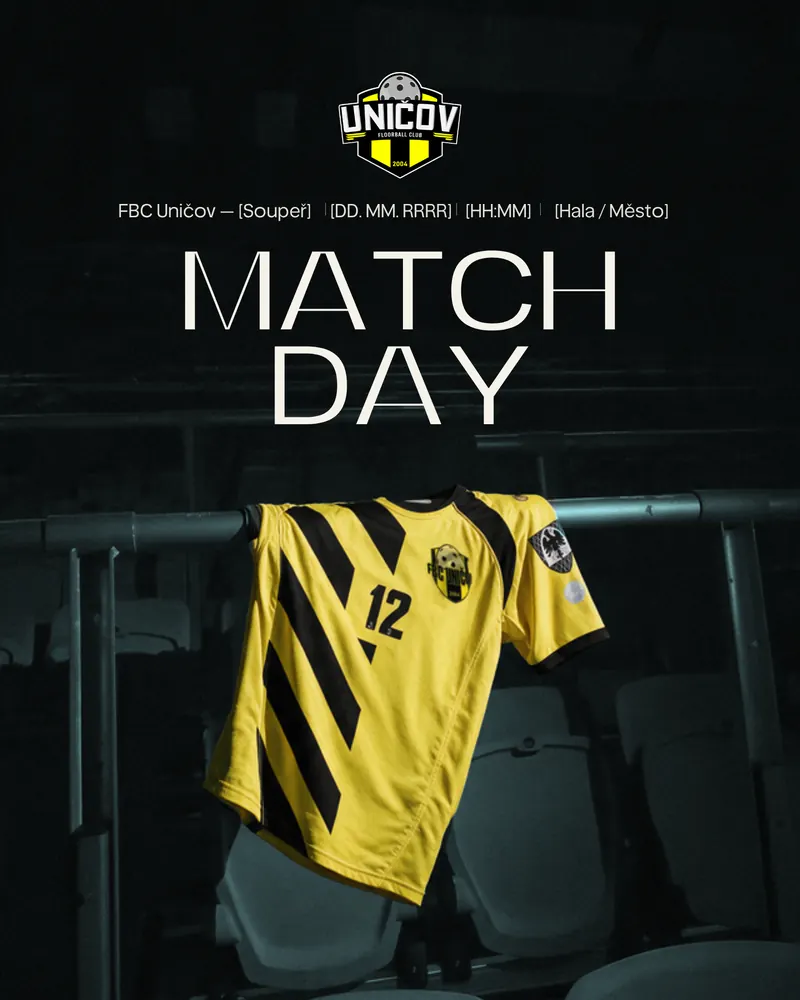 Žlutočerný dres na zábradlí v temné hale s nápisem Match day
