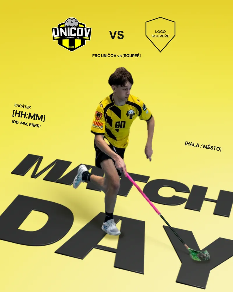 Matchday grafika, hráč s florbalkou běží nad 3D nápisem Match day na žluté