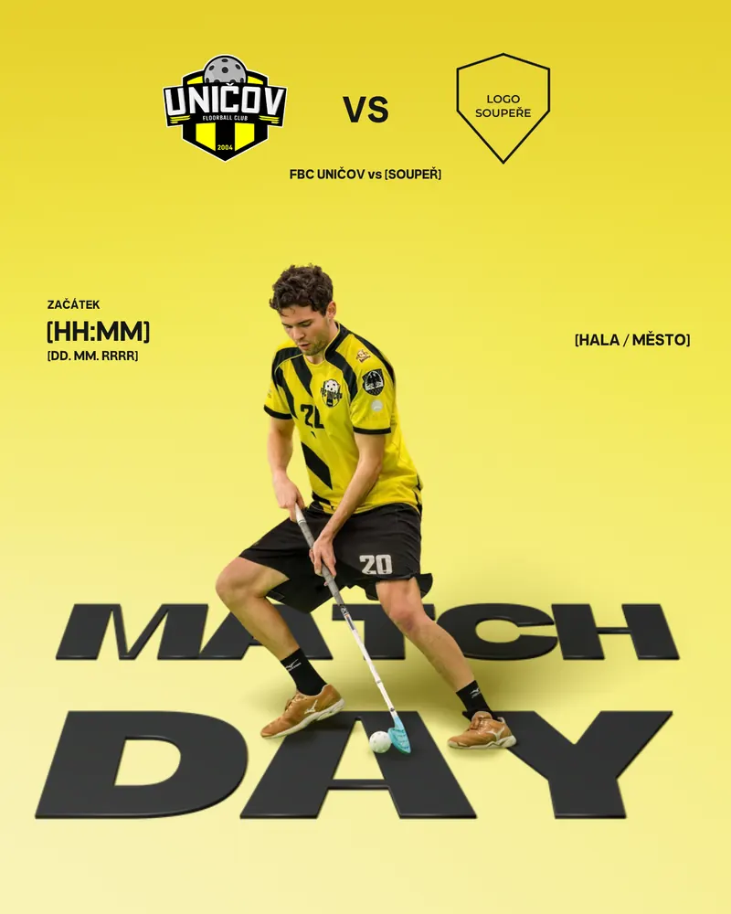 Matchday grafika, hráč vede míček nad 3D nápisem Match day na žluté