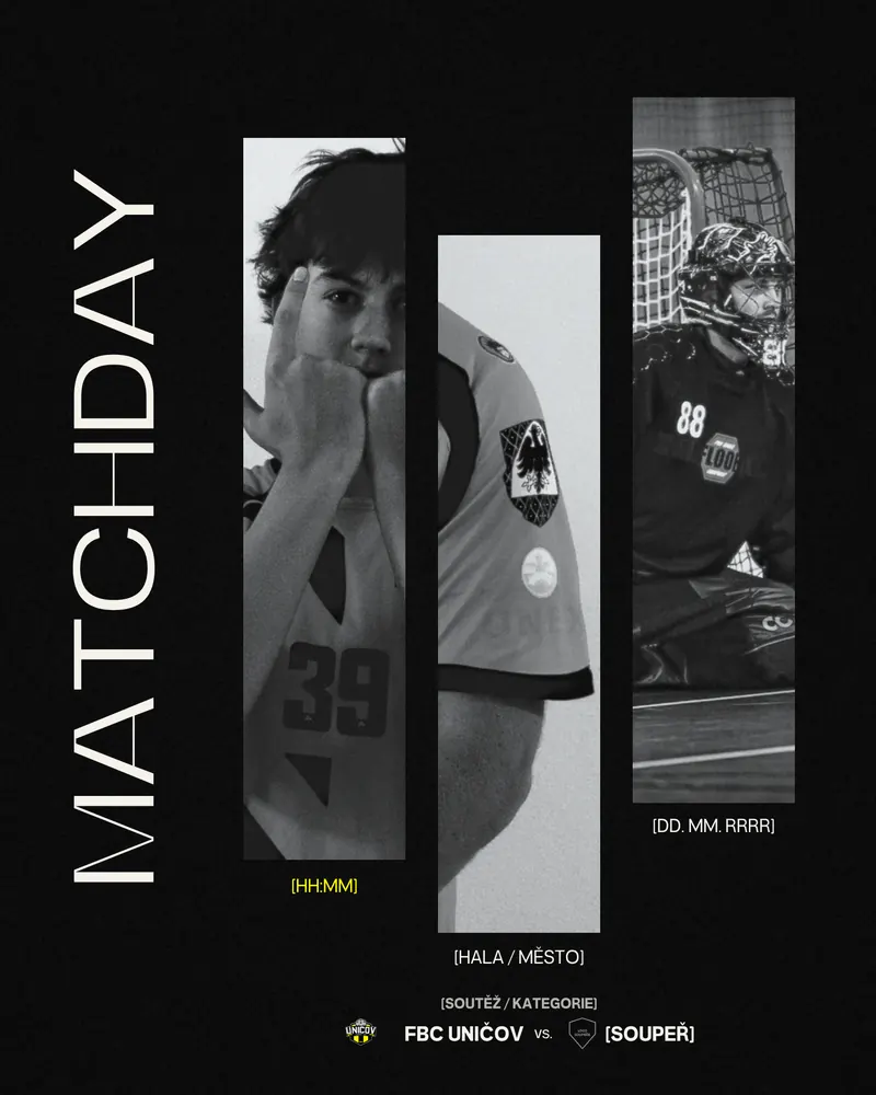 Matchday grafika, svislý titulek a tři černobílé panely s hráči a brankářem