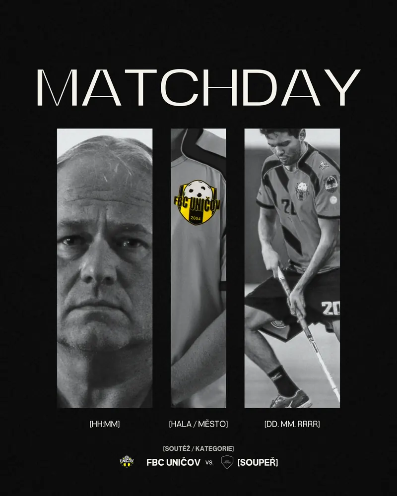 Matchday grafika, černobílé panely s trenérem, znakem a hráčem