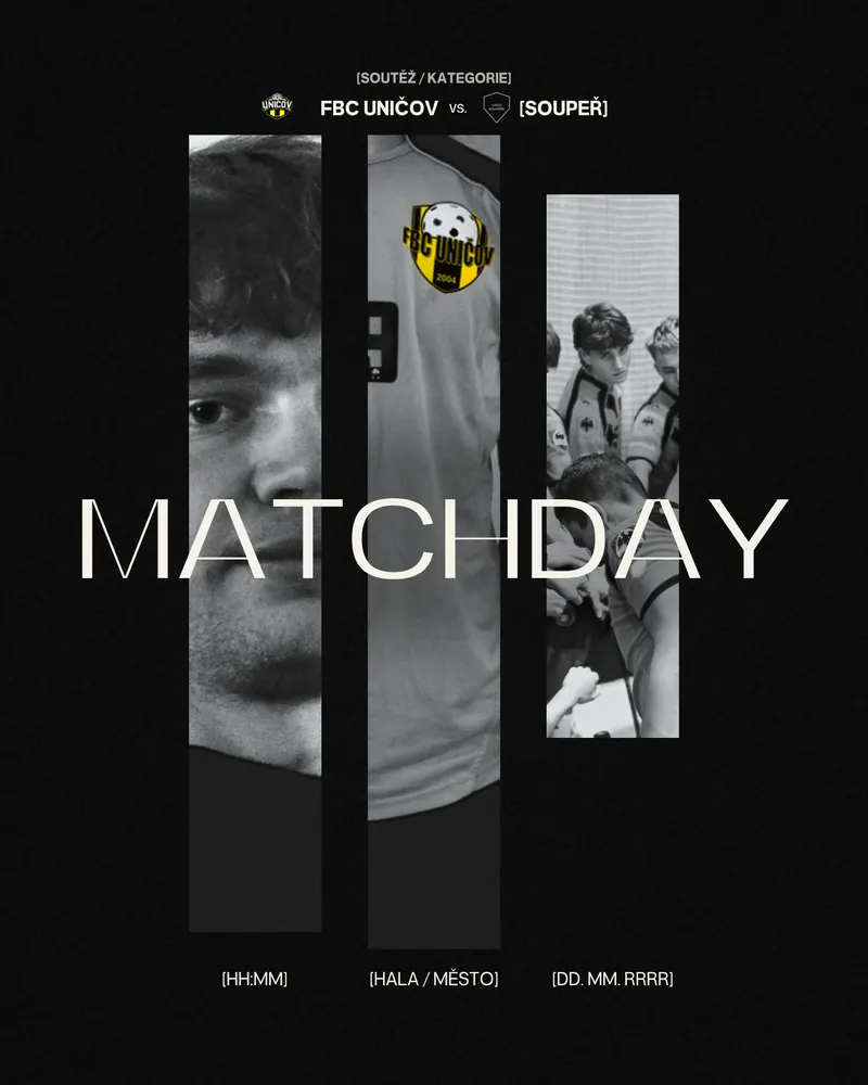 Matchday grafika, tři úzké černobílé panely s hráčem a dresem