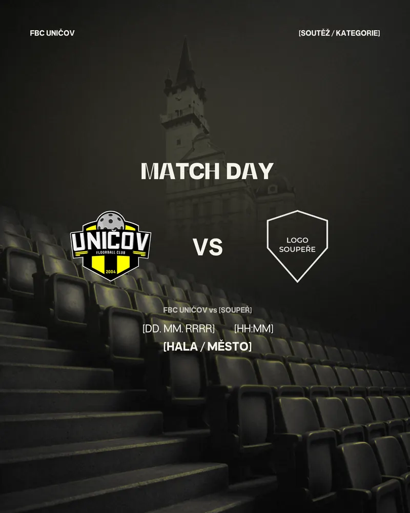 Matchday grafika, tribuna s věží uničovské radnice v oparu