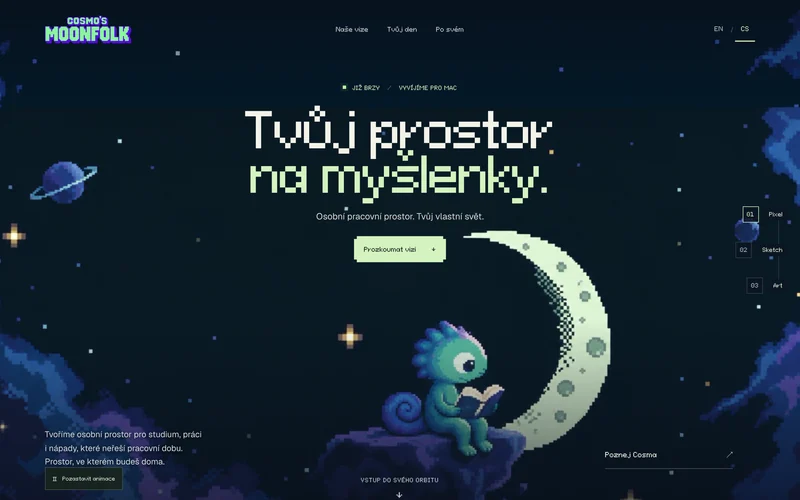 Úvodní stránka webu getmoonfolk.com s pixelovým chameleonem Cosmem na měsíci