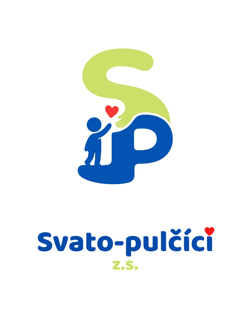 Koncept loga Svato-pulčíci, znaky S a P s dítětem a srdcem