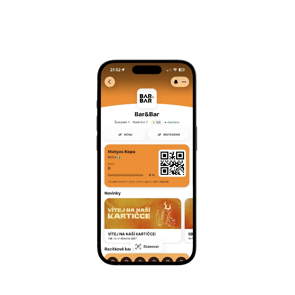 Telefon s otevřeným profilem BAR&BAR v aplikaci Kartička